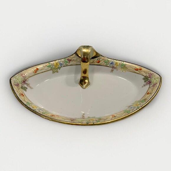 Other - Vintage Nippon Hand Painted Divided Dish Tray w/ Finger Hole Handle Gold Flowers